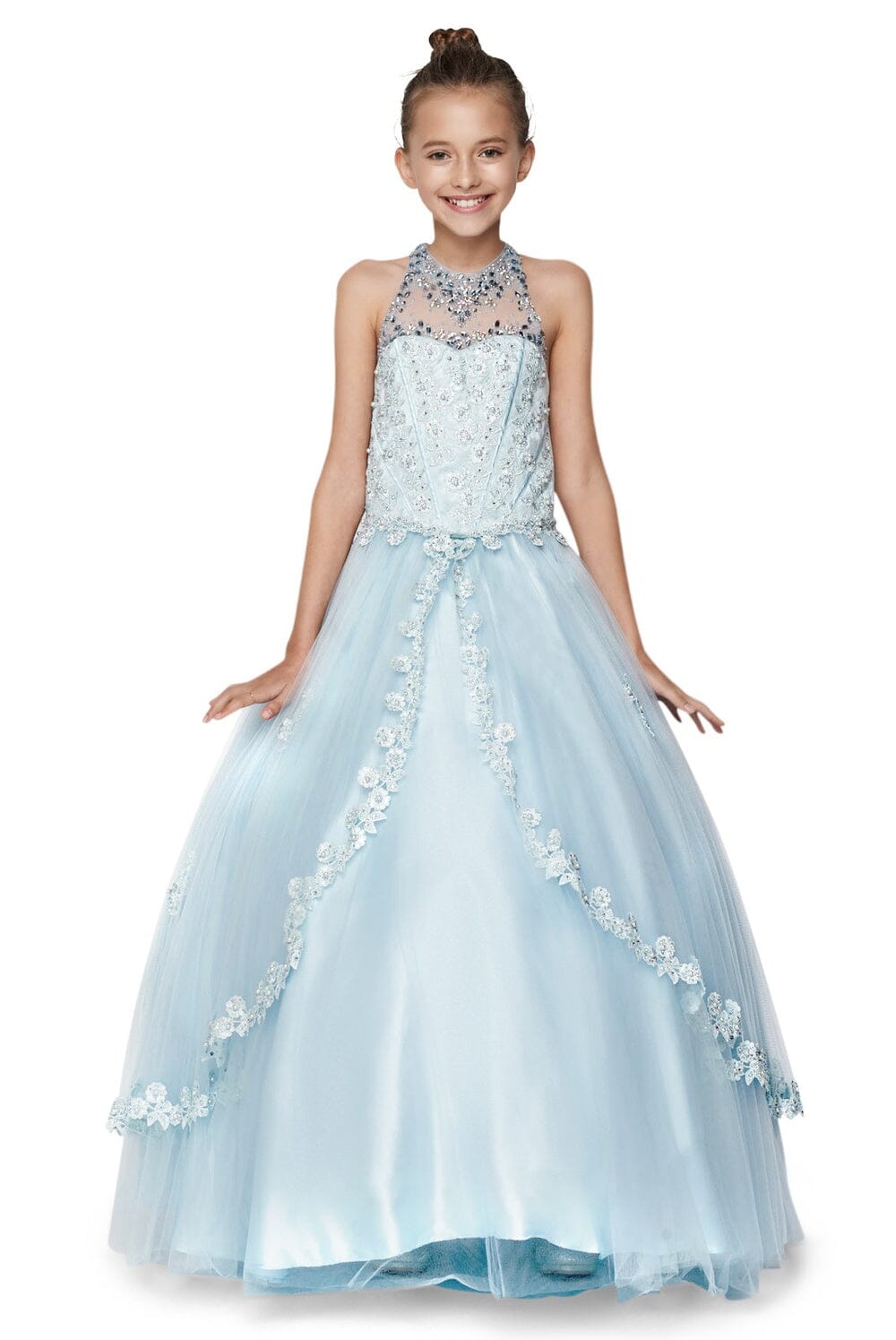 Girls Beaded Long Halter Tulle Dress by Cinderella Couture 5060