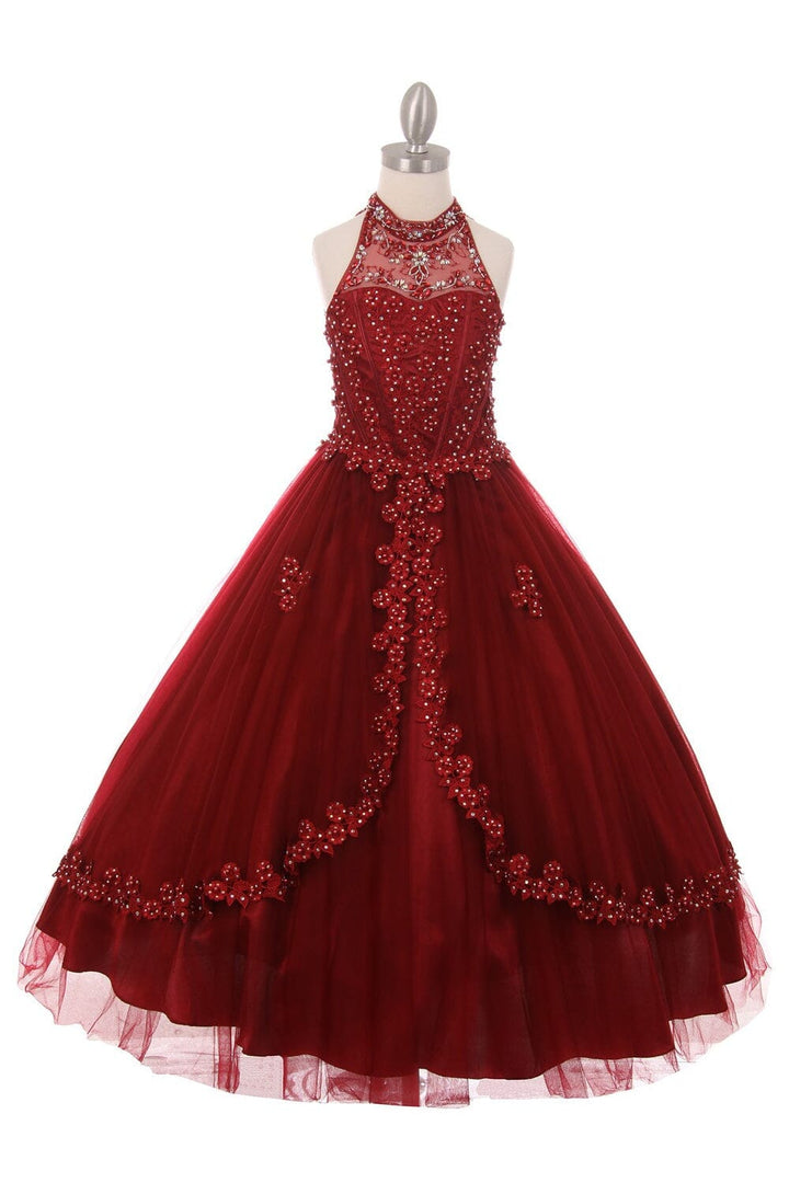 Girls Beaded Long Halter Tulle Dress by Cinderella Couture 5060