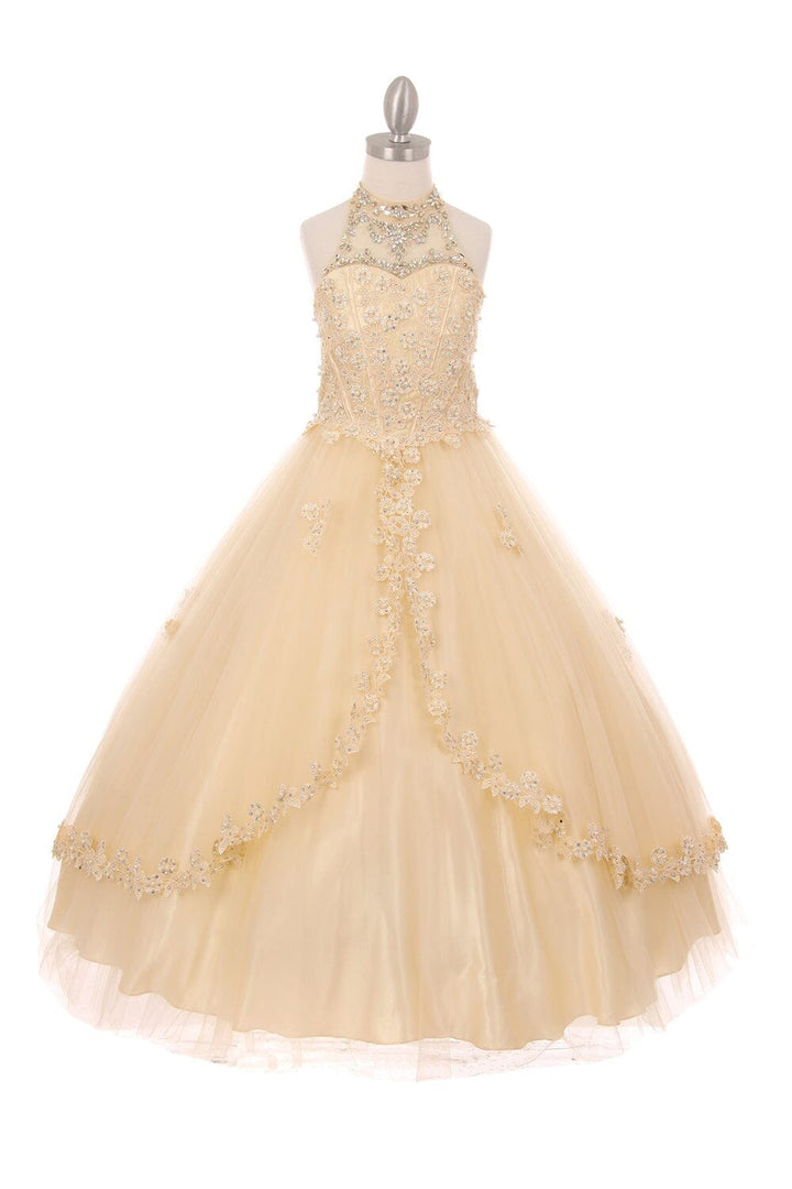 Girls Beaded Long Halter Tulle Dress by Cinderella Couture 5060