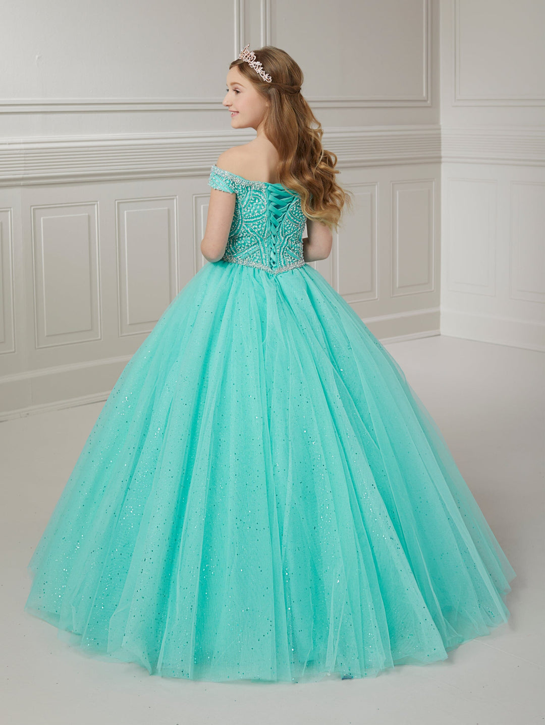 Girls Beaded Off Shoulder Gown by Tiffany Princess 13722
