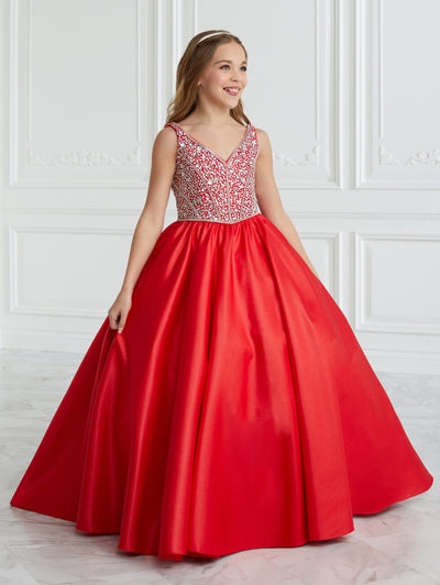 Girls Beaded Satin V-Neck Gown by Tiffany Princess 13682