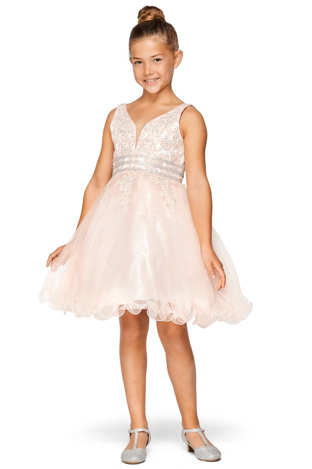 Girls Beaded Short Ruffled V-Neck Dress 5081 12 / Dusty Pink