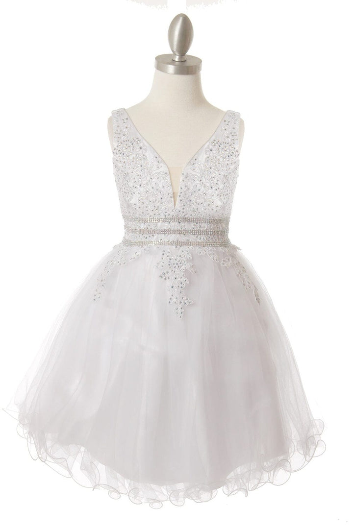 Girls Beaded Short Ruffled V-Neck Dress 5081