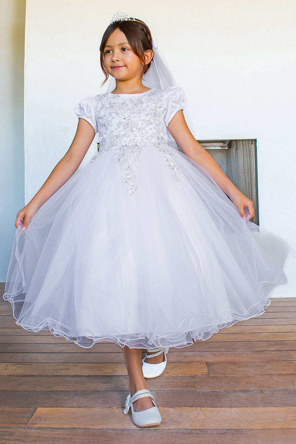 Girls Beaded Short Sleeve Gown by Cinderella Couture 2016 16 / White Girls Beaded Short Sleeve Gown by Cinderella Couture 2016 16 / White