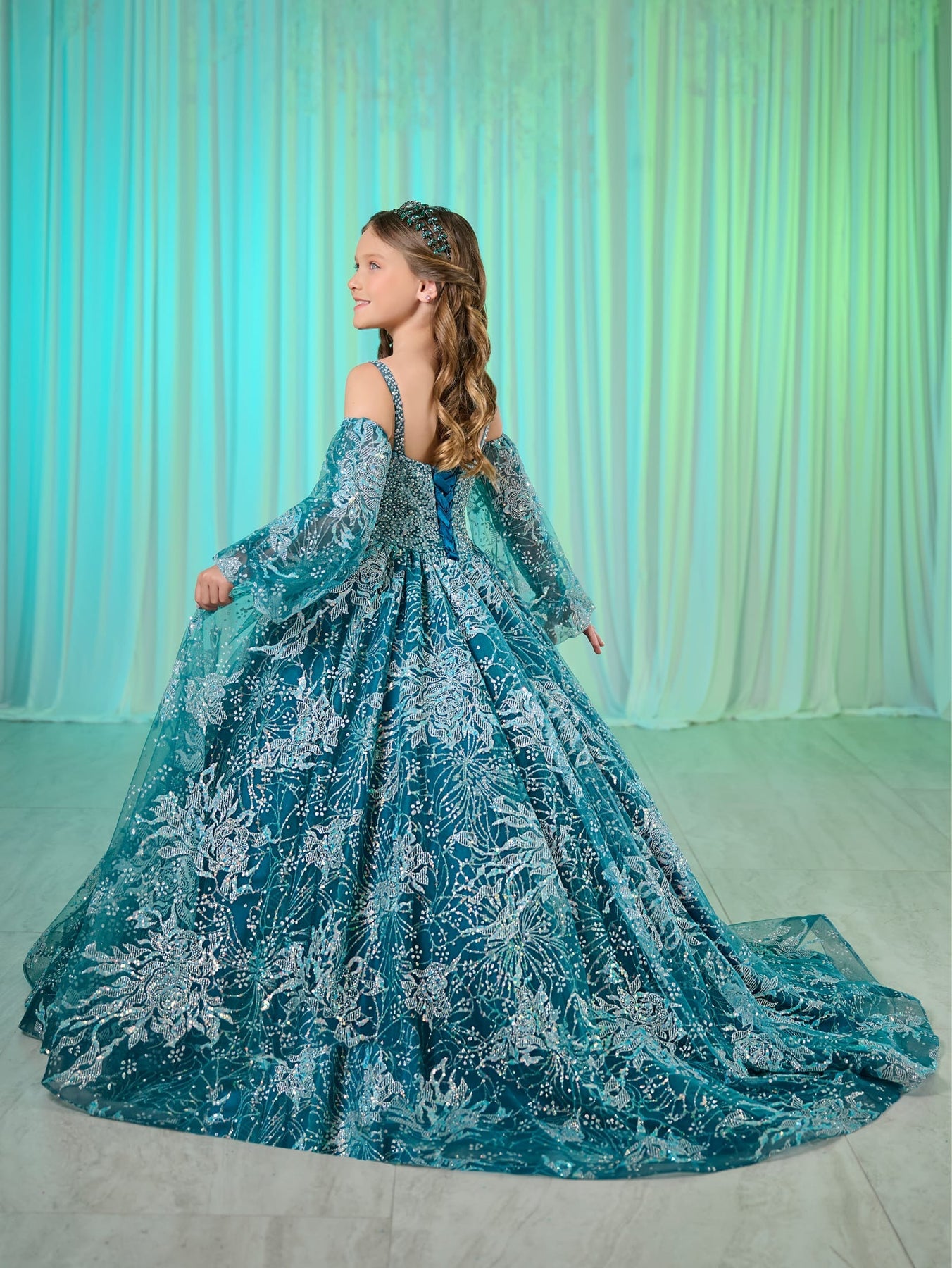 tiffany blue long sleeve dress Tiffany Blue Tulle Long Puff Sleeves Bead Belt Prom Dresses , CP0479 US14 / As Pic