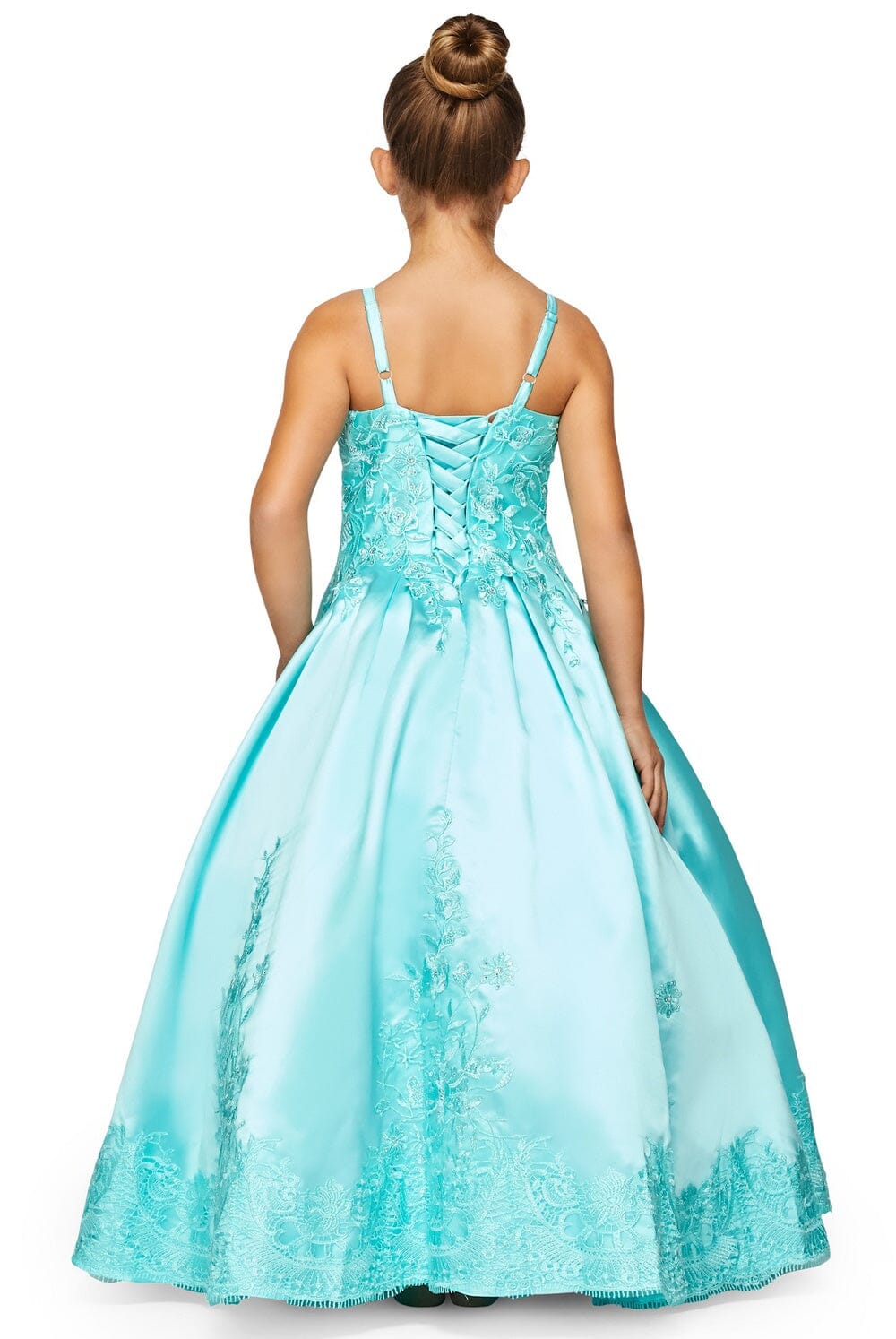 Cinderella Couture Satin Long Flower Girl Dress - Champagne - Size 10 - Elegant Lace-Up Back with Spaghetti Straps Cinderella Couture Satin Long Flower Girl Dress - Champagne - Size 10 - Elegant Lace-Up Back with Spaghetti Straps