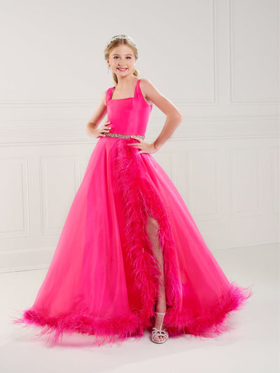 Girls Feather Sleeveless Slit Gown by Tiffany Princess 13750