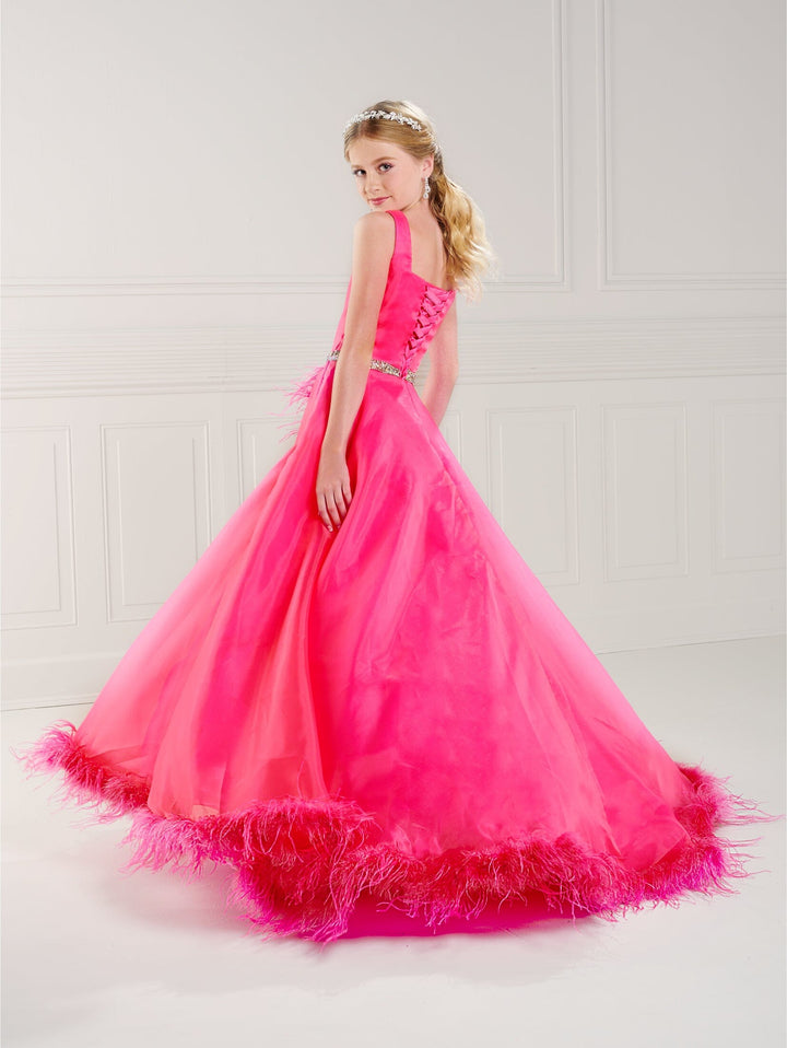 Girls Feather Sleeveless Slit Gown by Tiffany Princess 13750