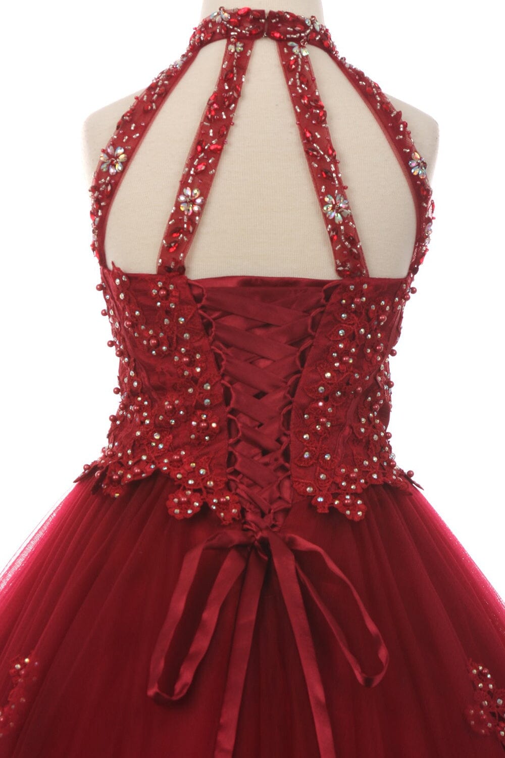 Girls Floral Applique Long Halter Dress 5060
