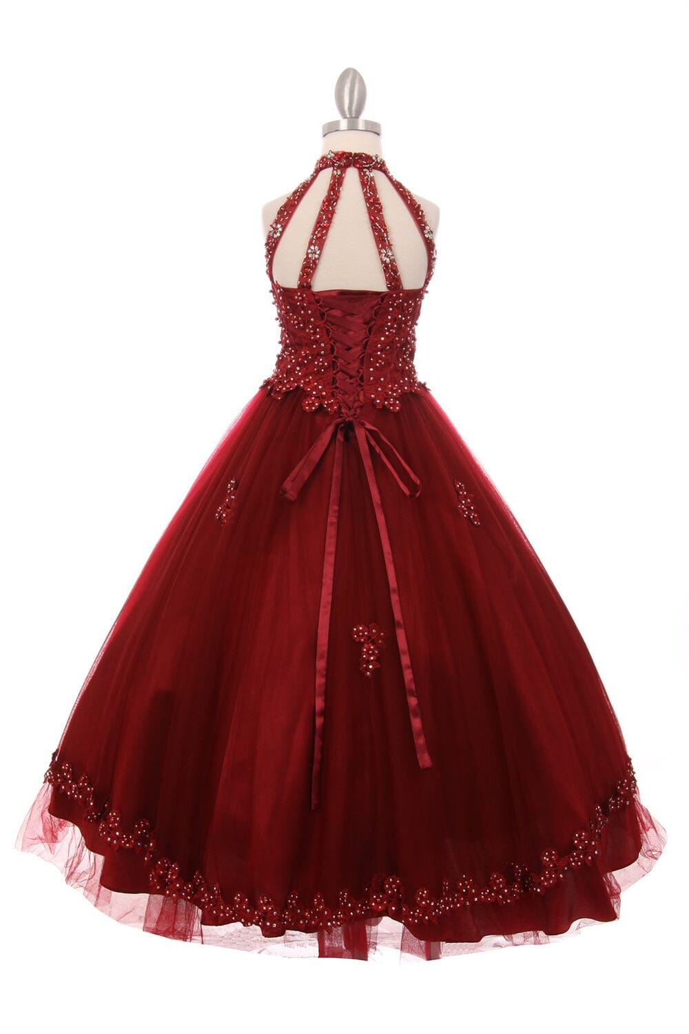 Girls Floral Applique Long Halter Dress 5060
