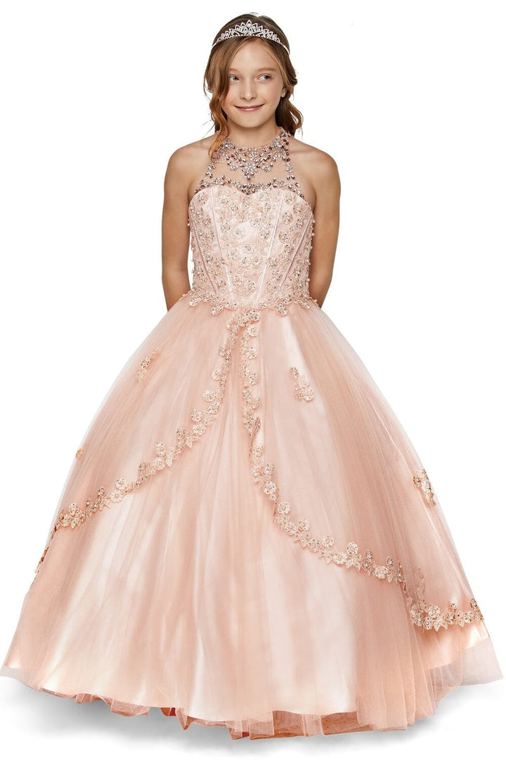 Girls Floral Applique Long Halter Dress 5060