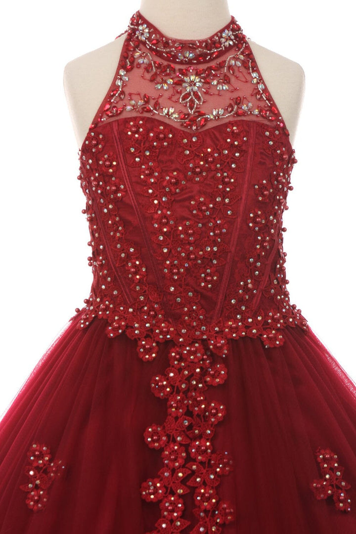 Girls Floral Applique Long Halter Dress 5060