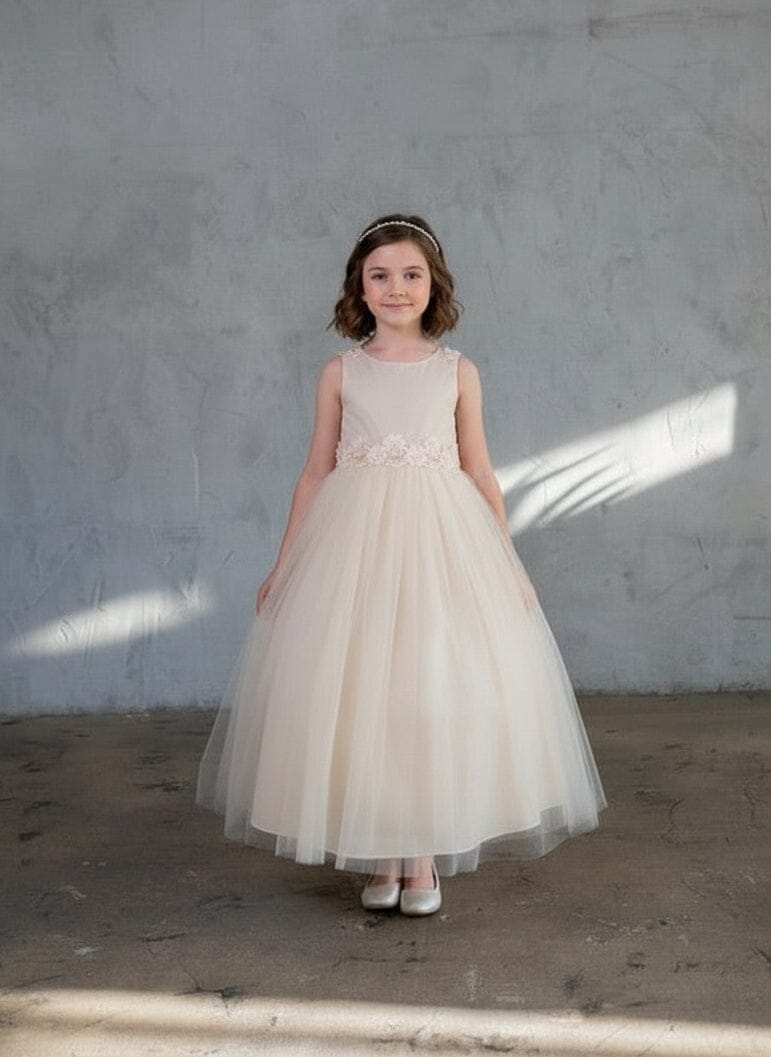 Girls Floral Applique Sleeveless Gown by Calla D-831