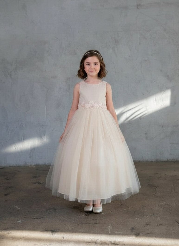 Girls Floral Applique Sleeveless Gown by Calla D-831