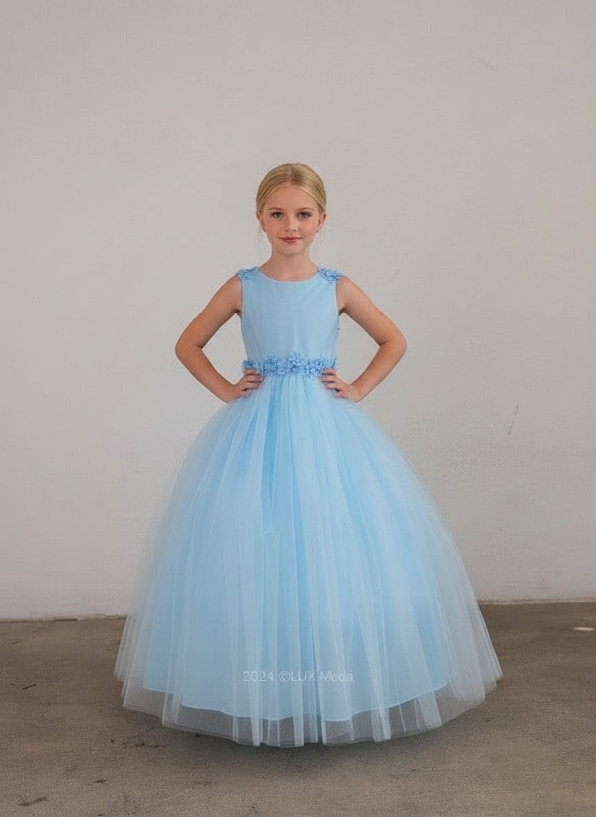 Girls Floral Applique Sleeveless Gown by Calla D-831