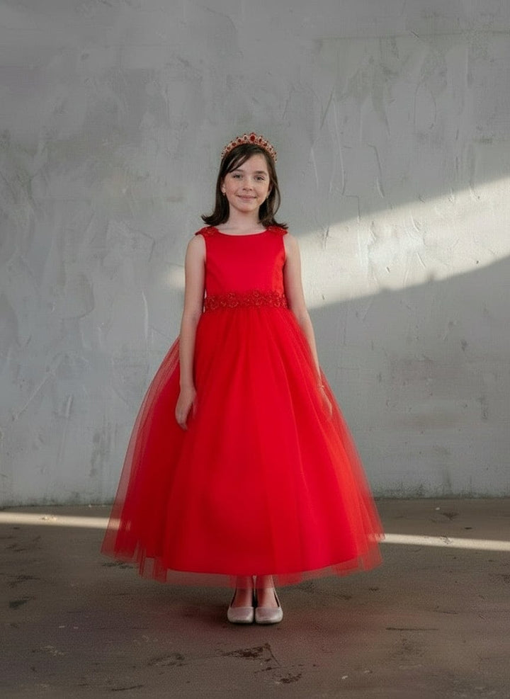 Girls Floral Applique Sleeveless Gown by Calla D-831
