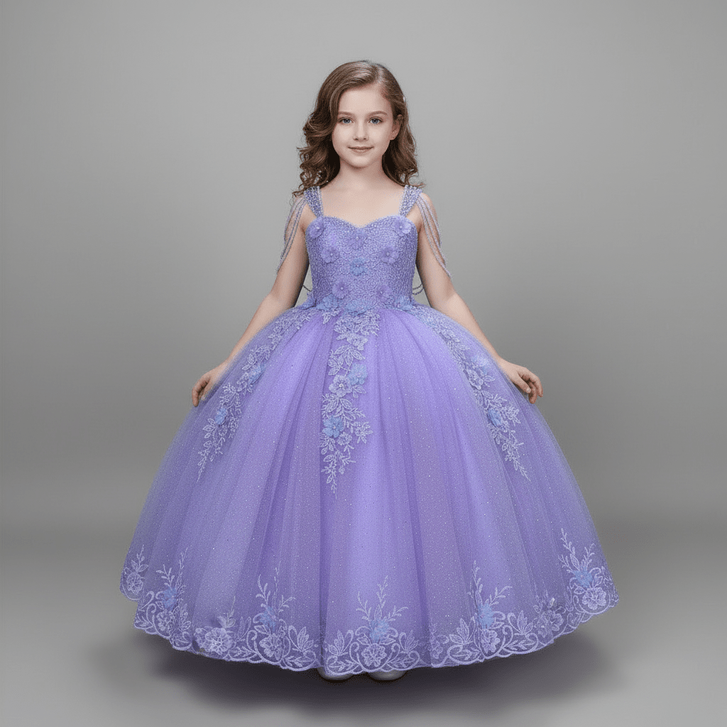 Girls Floral Applique Sleeveless Gown by Calla SCK-311