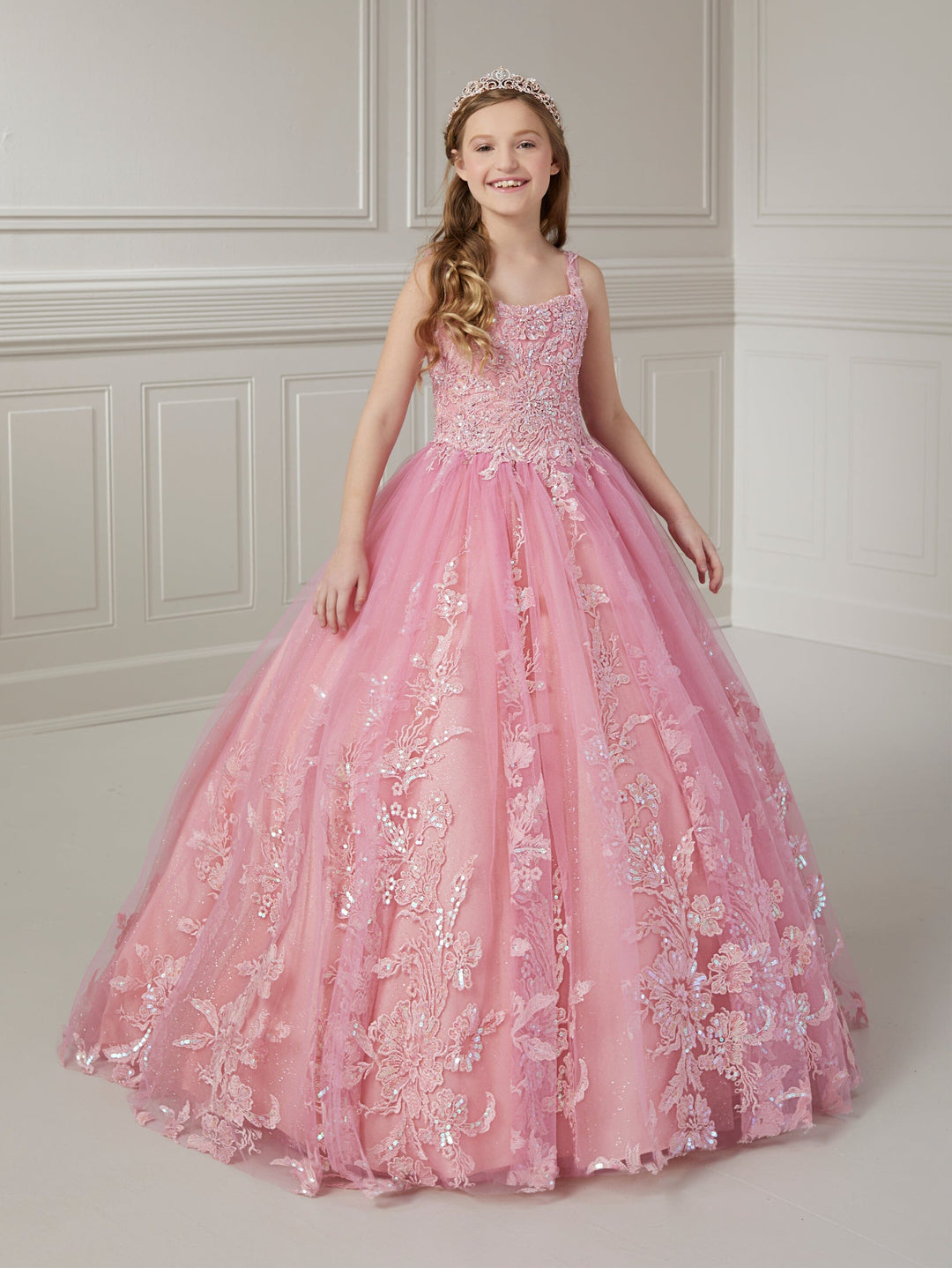 Girls Floral Applique Tulle Gown by Tiffany Princess 13720