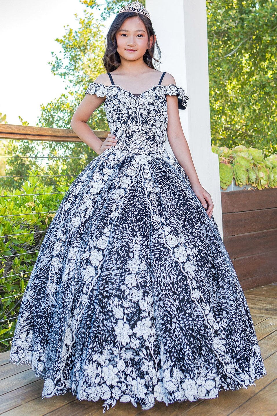 Girls Floral Print Off Shoulder Gown by Cinderella Couture 8070 10 / Black Girls Floral Print Off Shoulder Gown by Cinderella Couture 8070 10 / Black
