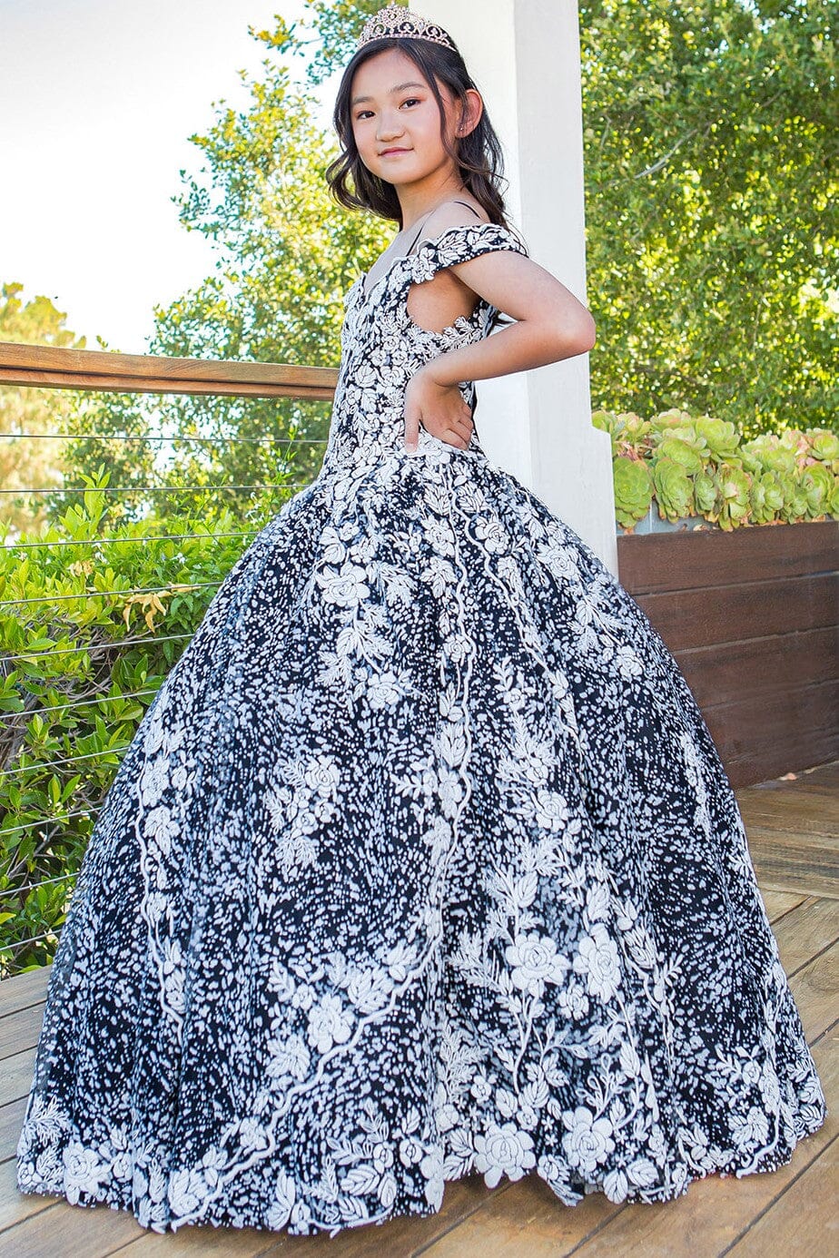 Girls Floral Print Off Shoulder Gown by Cinderella Couture 8070 10 / Black Girls Floral Print Off Shoulder Gown by Cinderella Couture 8070 10 / Black