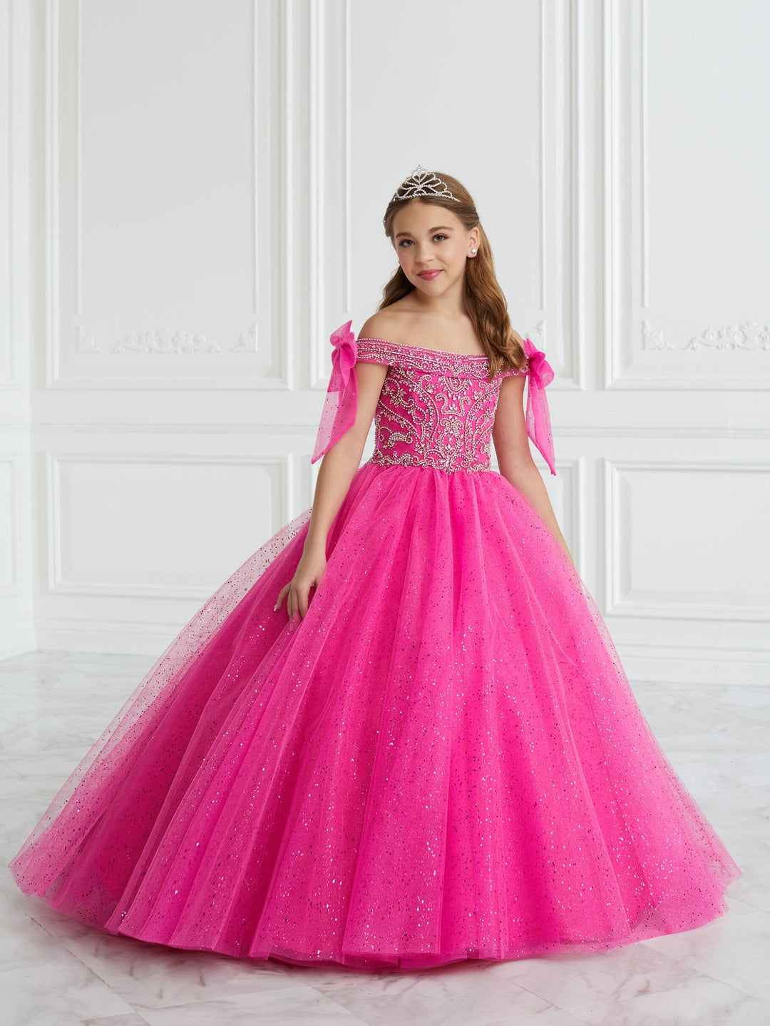 Girls Glitter Off Shoulder Gown by Tiffany Princess 13677