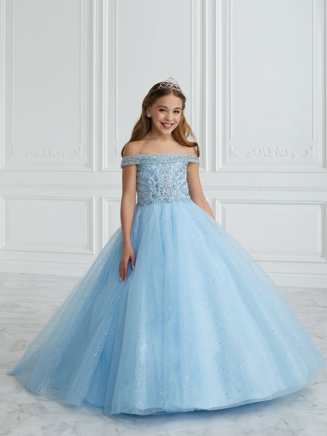 Girls Glitter Off Shoulder Gown by Tiffany Princess 13677