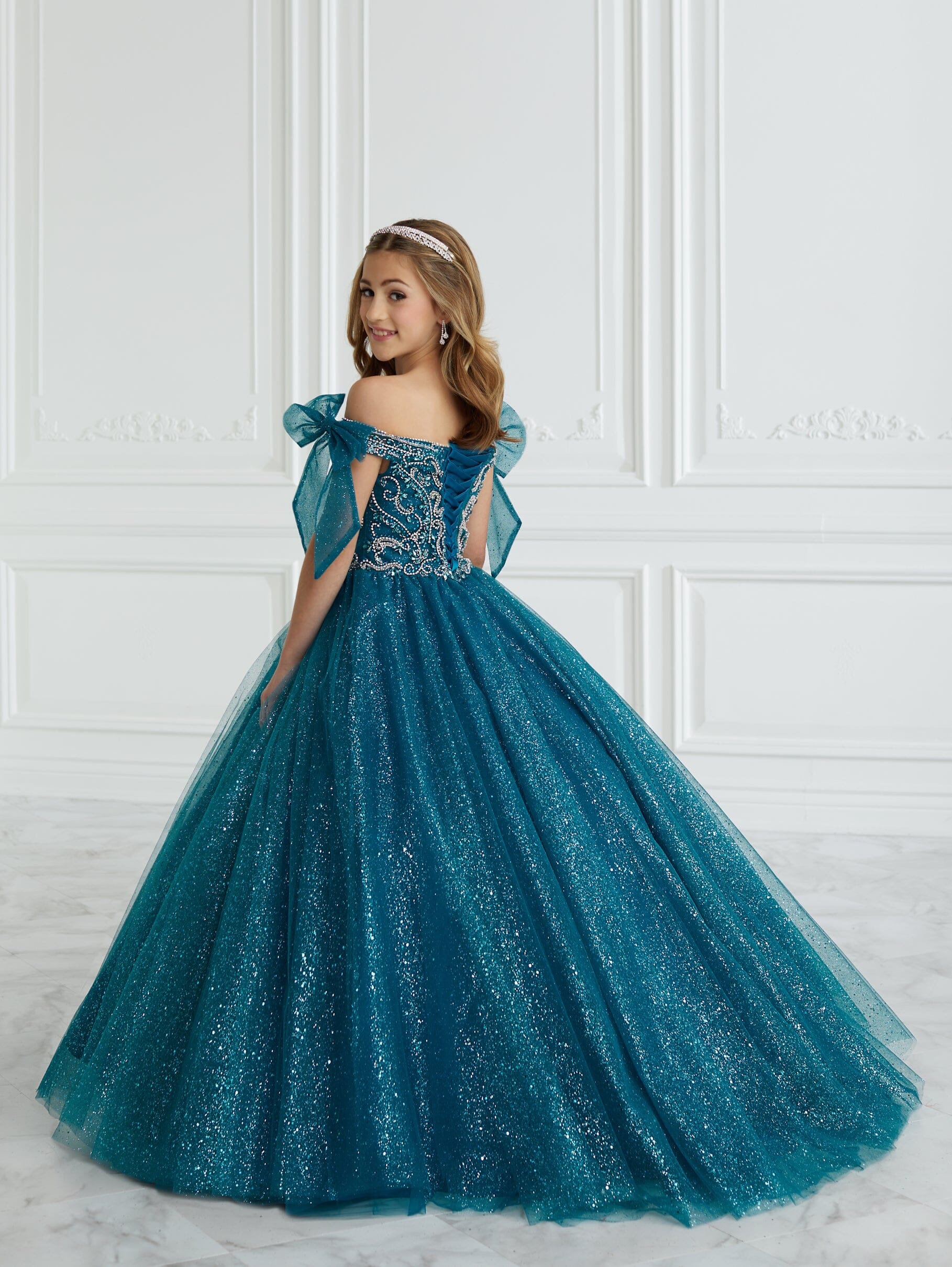 Girls Glitter Off Shoulder Gown by Tiffany Princess 13677 – ABC