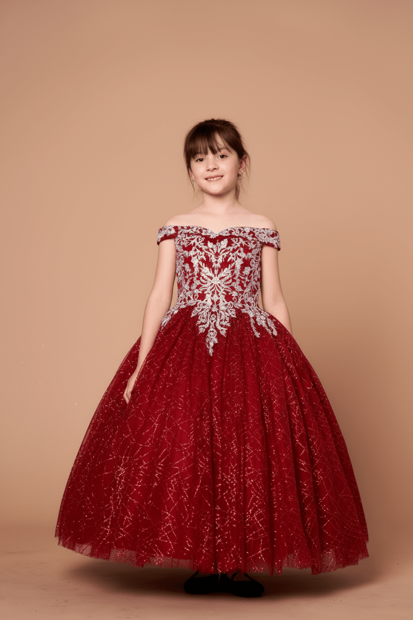 Girls Glitter Print Off Shoulder Gown by Calla WB-104