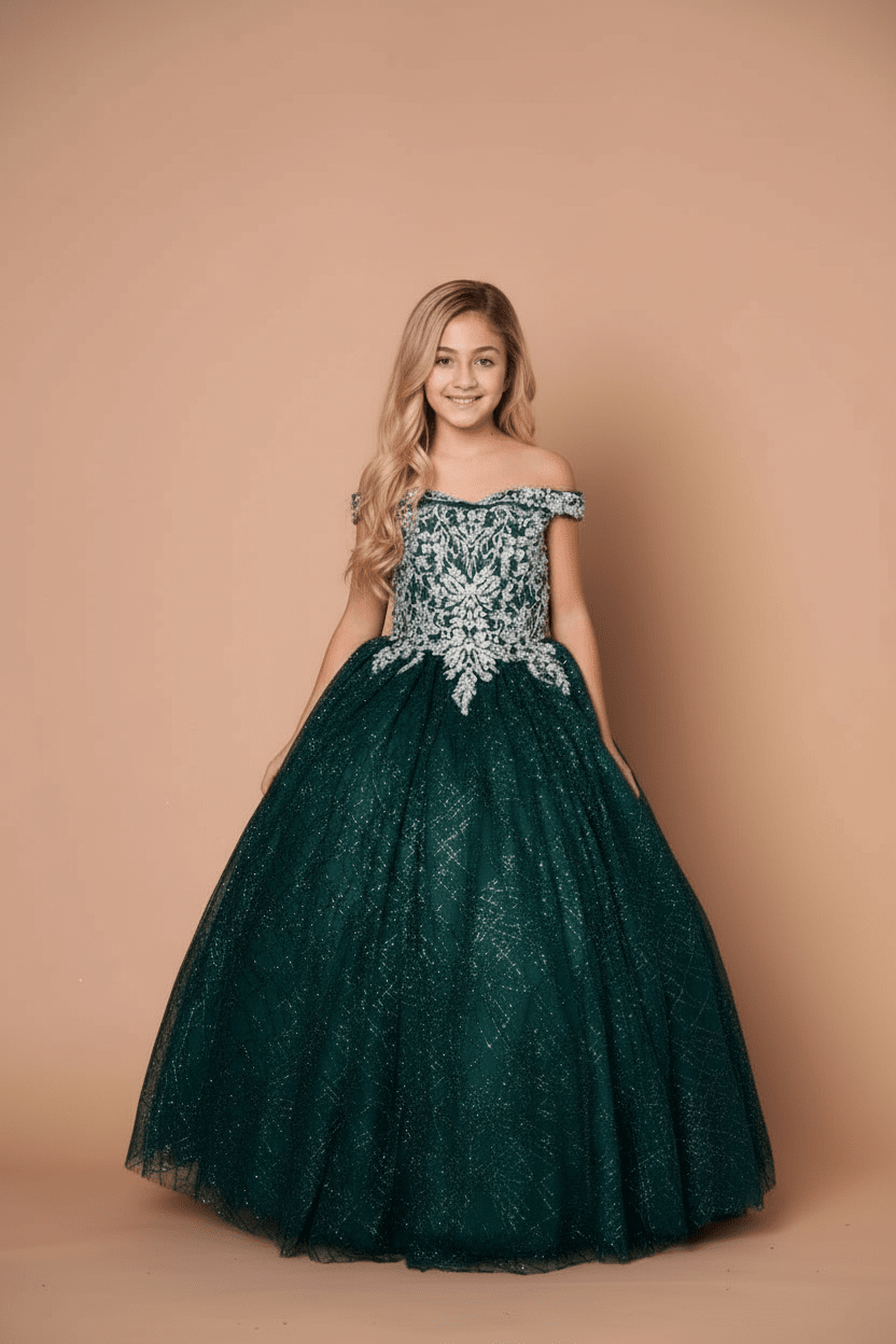 Girls Glitter Print Off Shoulder Gown by Calla WB-104