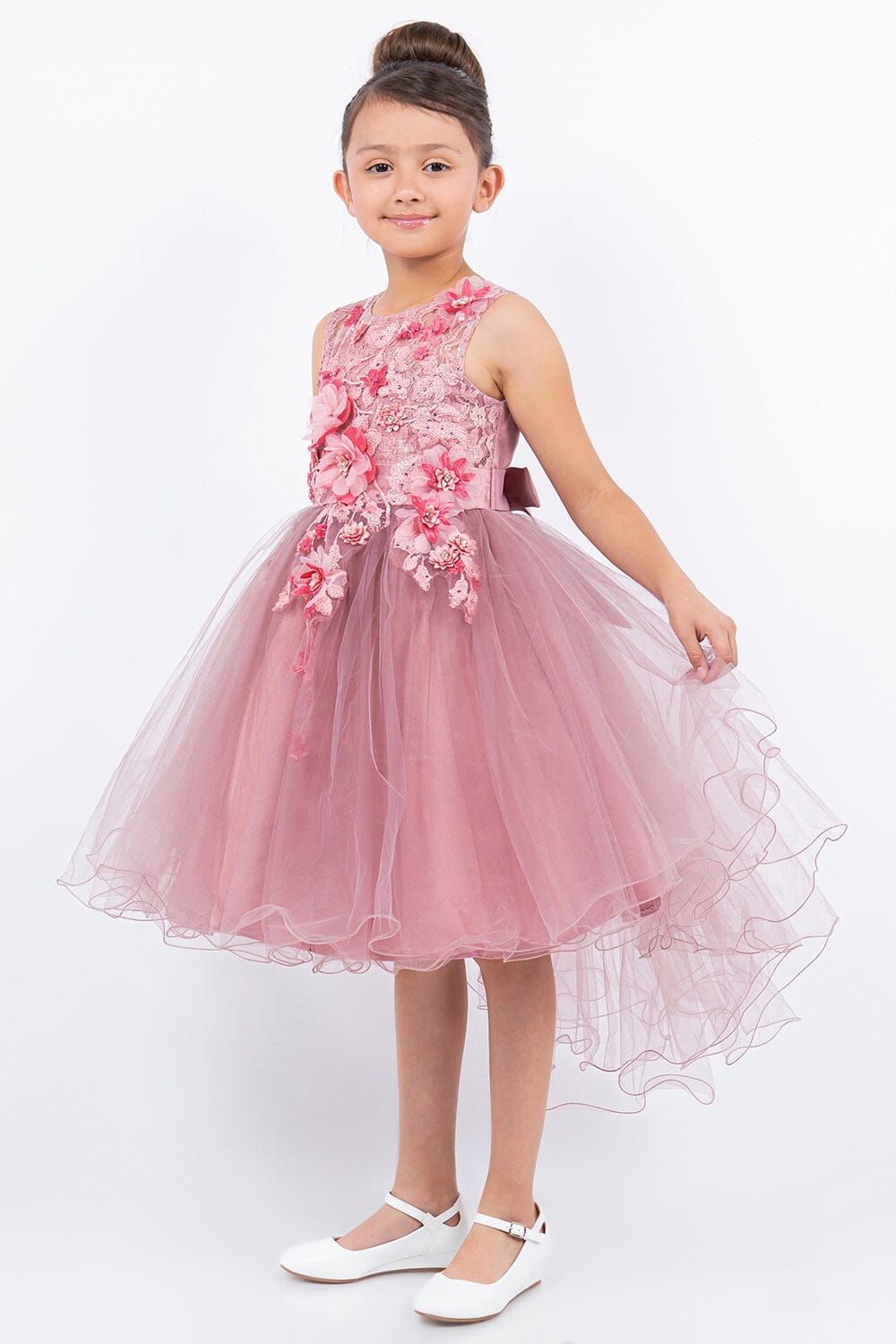 Girls High Low Tulle Dress with 3D Flowers by Cinderella Couture 9038