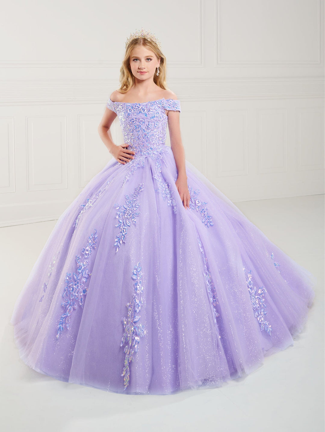 Girls Lace Applique Off Shoulder Gown by Tiffany Princess 13747