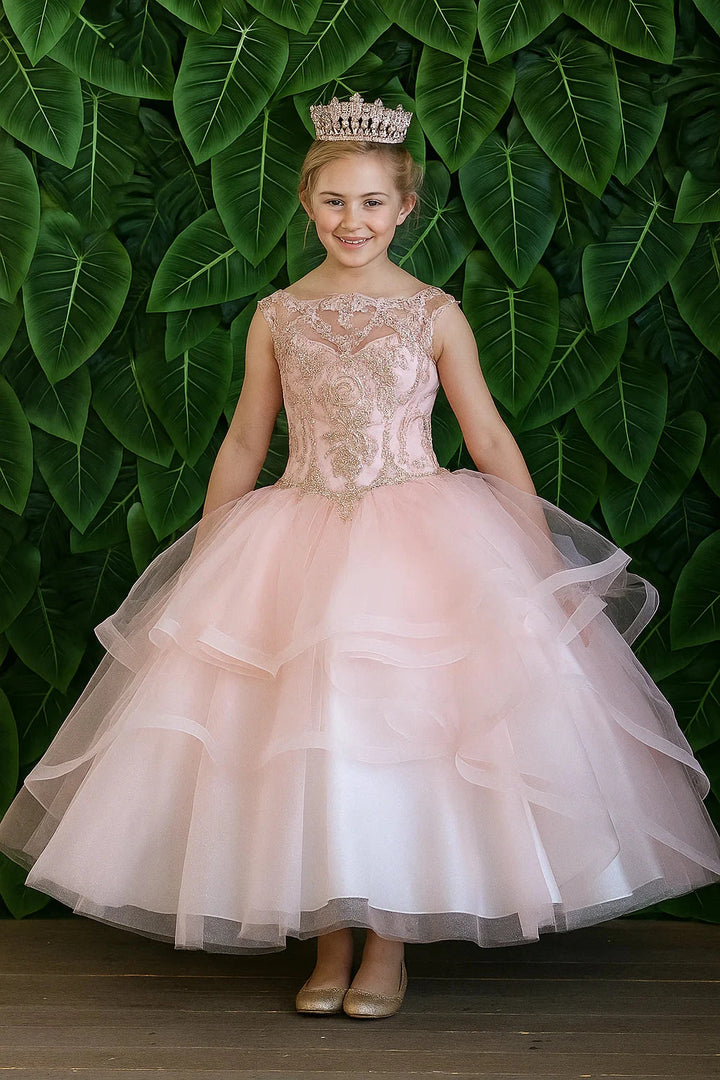 Girls Layered Long Lace Applique Dress by Calla KY-222