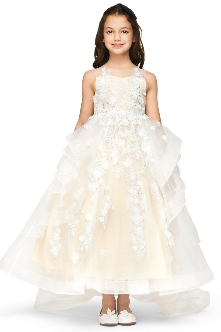 Girls Long 3D Floral Applique Dress by Cinderella Couture 5093