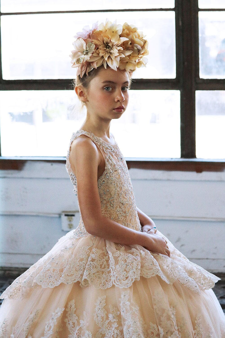 Girls Long Beaded Lace Tiered Dress by Calla KY224
