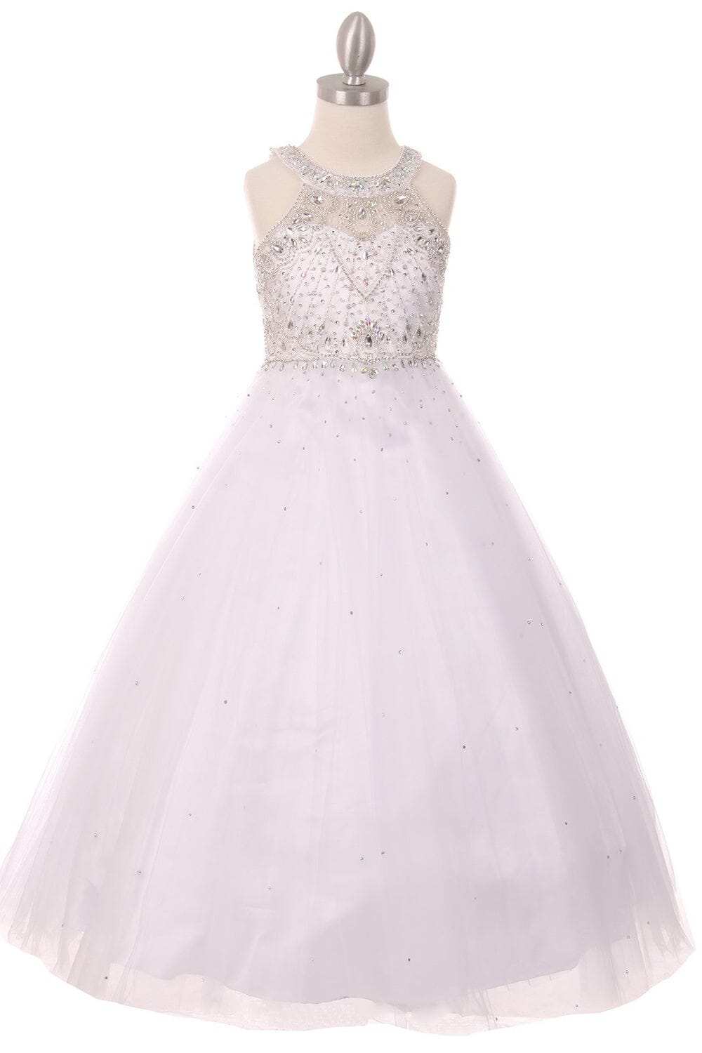 Girls Long Halter Tulle Dress with Beaded Illusion Bodice 5027