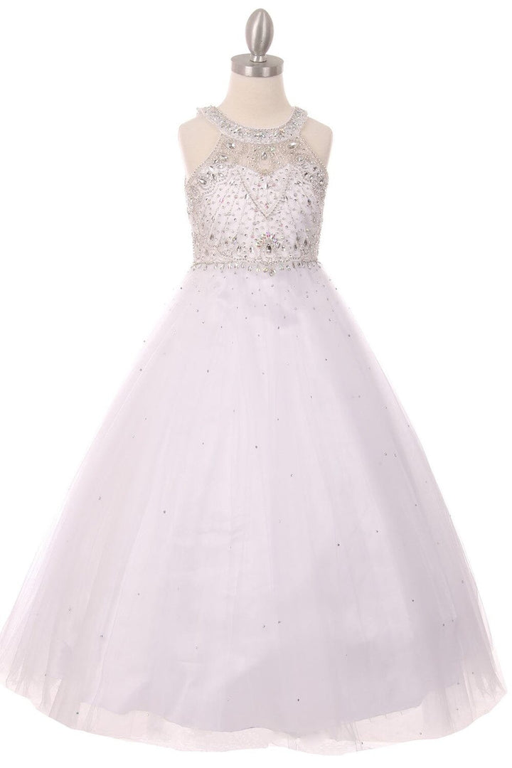 Girls Long Halter Tulle Dress with Beaded Illusion Bodice 5027