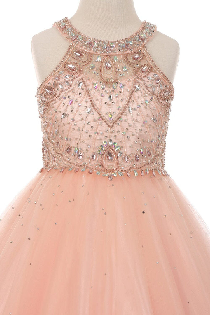 Girls Long Halter Tulle Dress with Beaded Illusion Bodice 5027
