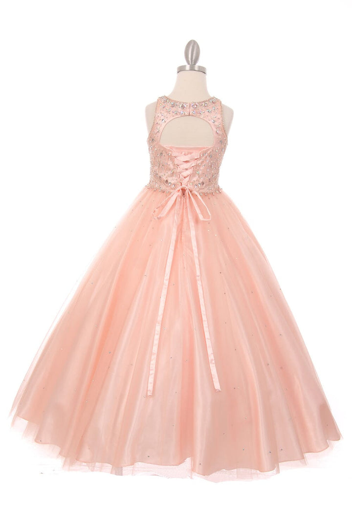 Girls Long Halter Tulle Dress with Beaded Illusion Bodice 5027