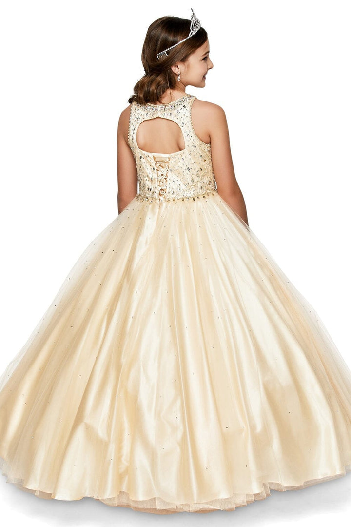 Girls Long Halter Tulle Dress with Beaded Illusion Bodice 5027