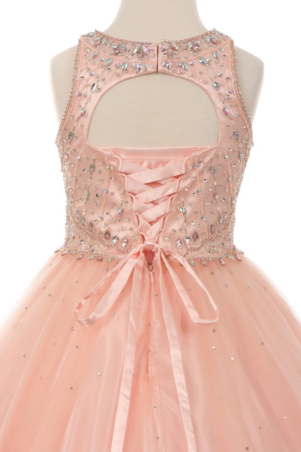 Girls Long Halter Tulle Dress with Beaded Illusion Bodice 5027