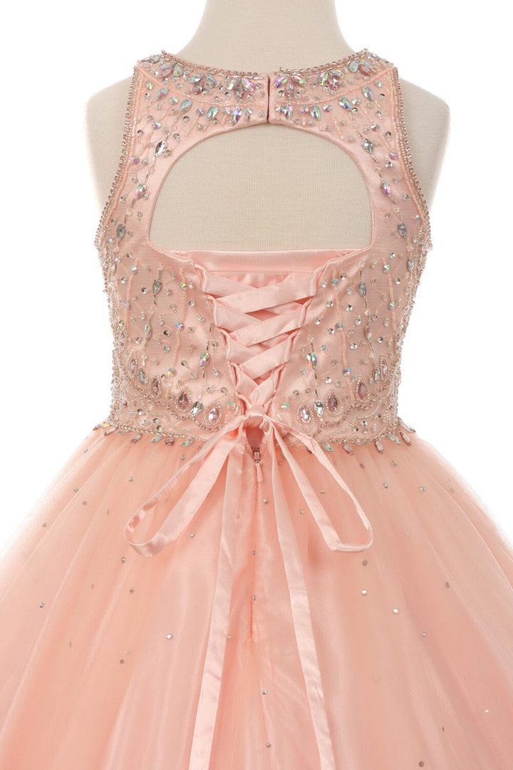 Girls Long Halter Tulle Dress with Beaded Illusion Bodice 5027
