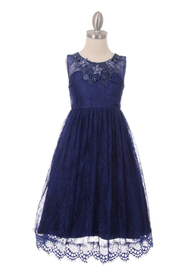 Girls Long Lace Dress with 3D Flowers by Cinderella Couture 5036