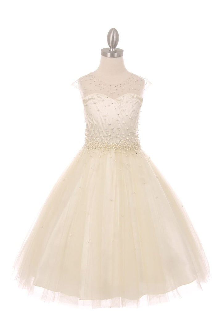 Girls Long Pearl Beaded Tulle Dress by Cinderella Couture 5053
