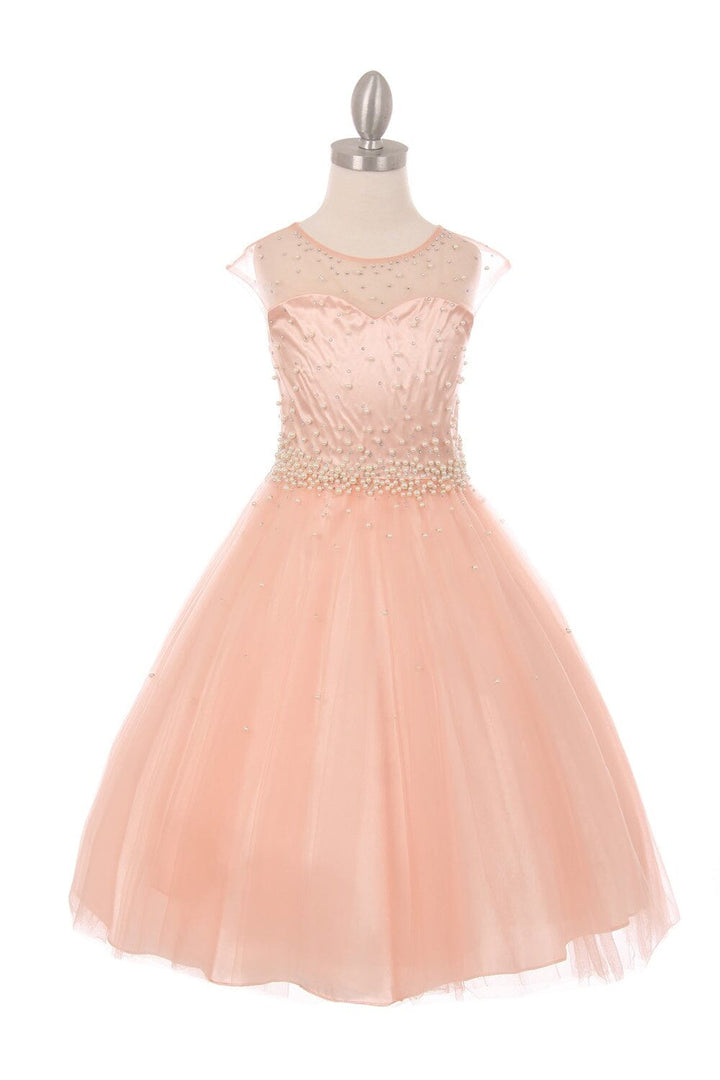 Girls Long Pearl Beaded Tulle Dress by Cinderella Couture 5053