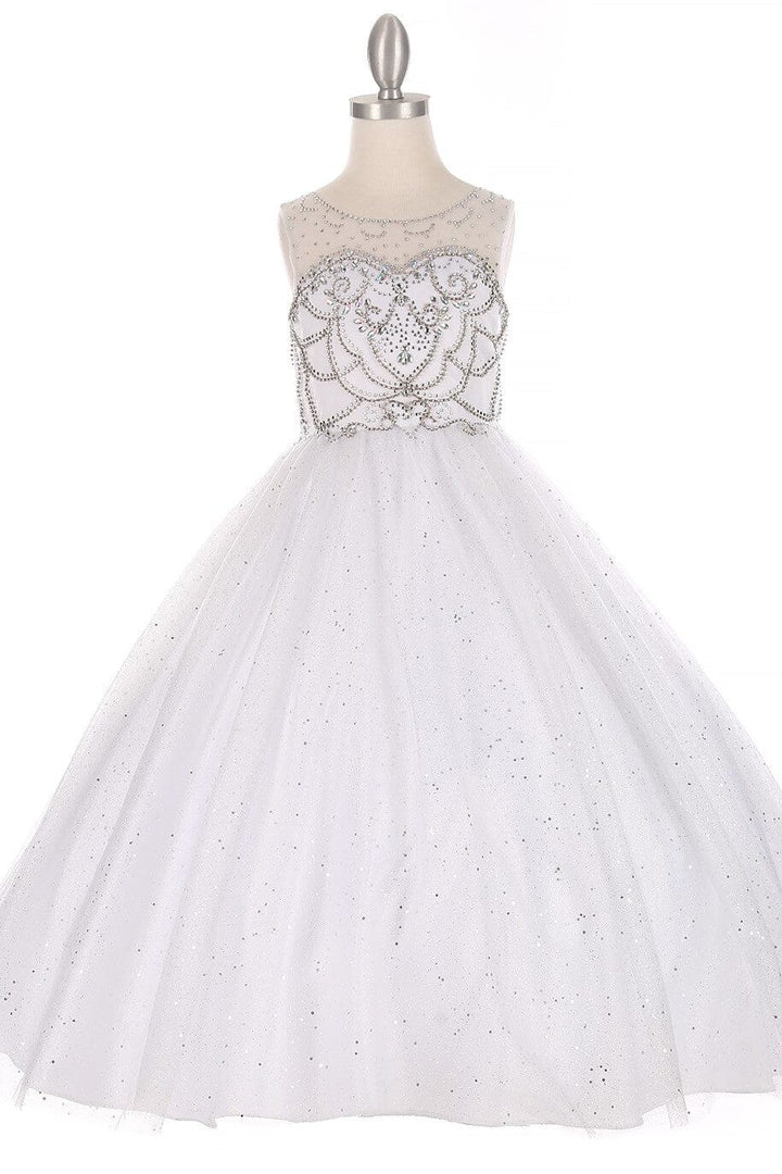Girls Long Sleeveless Glitter Tulle Dress with Beaded Illusion Bodice 5042