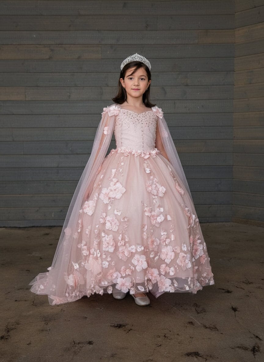 Girls Off Shoulder Cape Sleeve Gown by Calla SCK-307