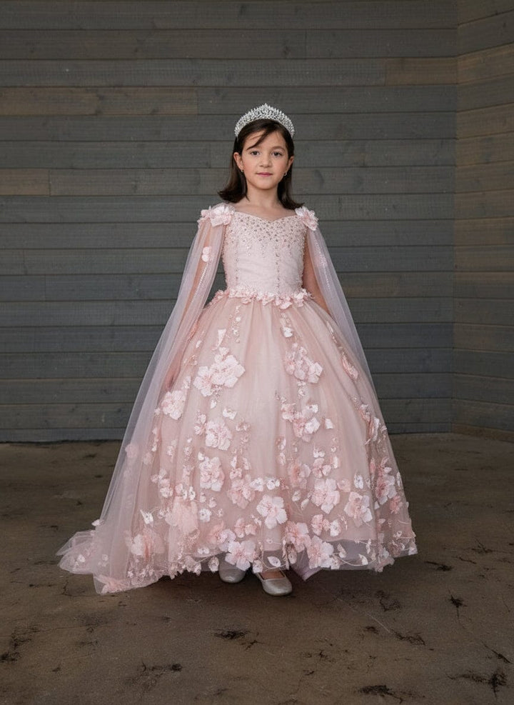 Girls Off Shoulder Cape Sleeve Gown by Calla SCK-307