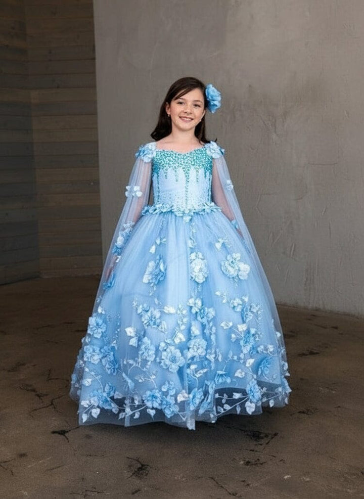 Girls Off Shoulder Cape Sleeve Gown by Calla SCK-307