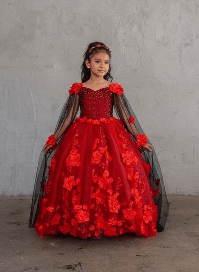 Girls Off Shoulder Cape Sleeve Gown by Calla SCK-307
