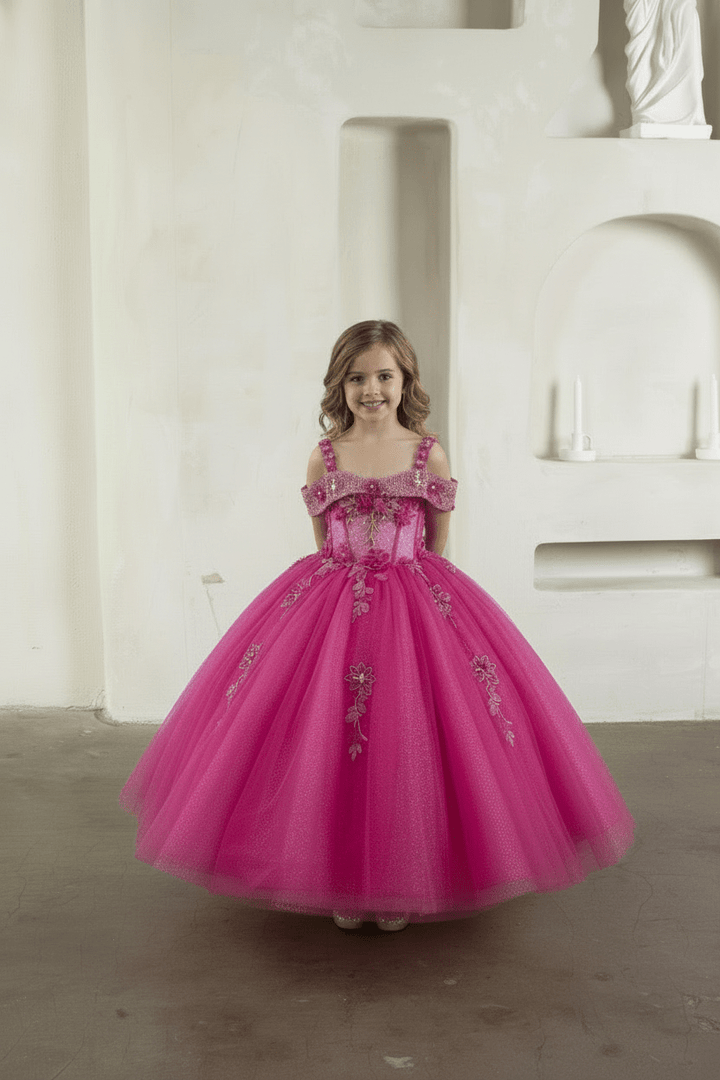 Girls Off Shoulder Cape Sleeve Gown by Calla SCK-308